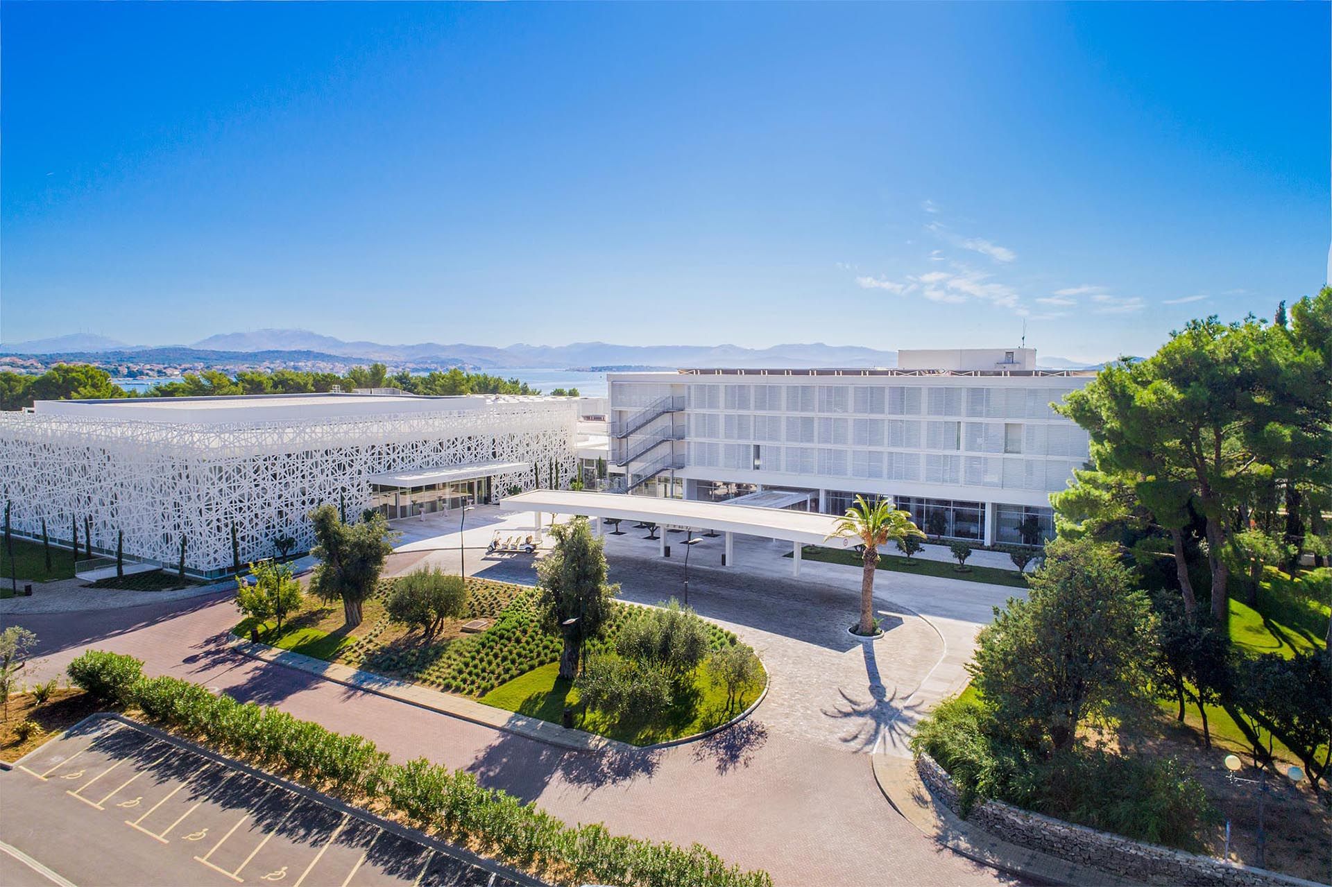 Amadria Park Convention Centre illuminated at night during a major international event