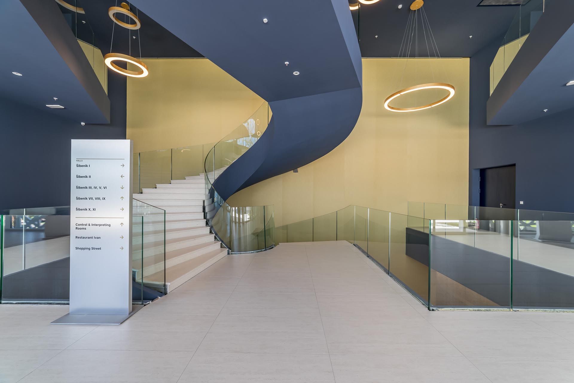 Amadria Park Convention Centre interior staircase and lobby with sculptural lattice panels