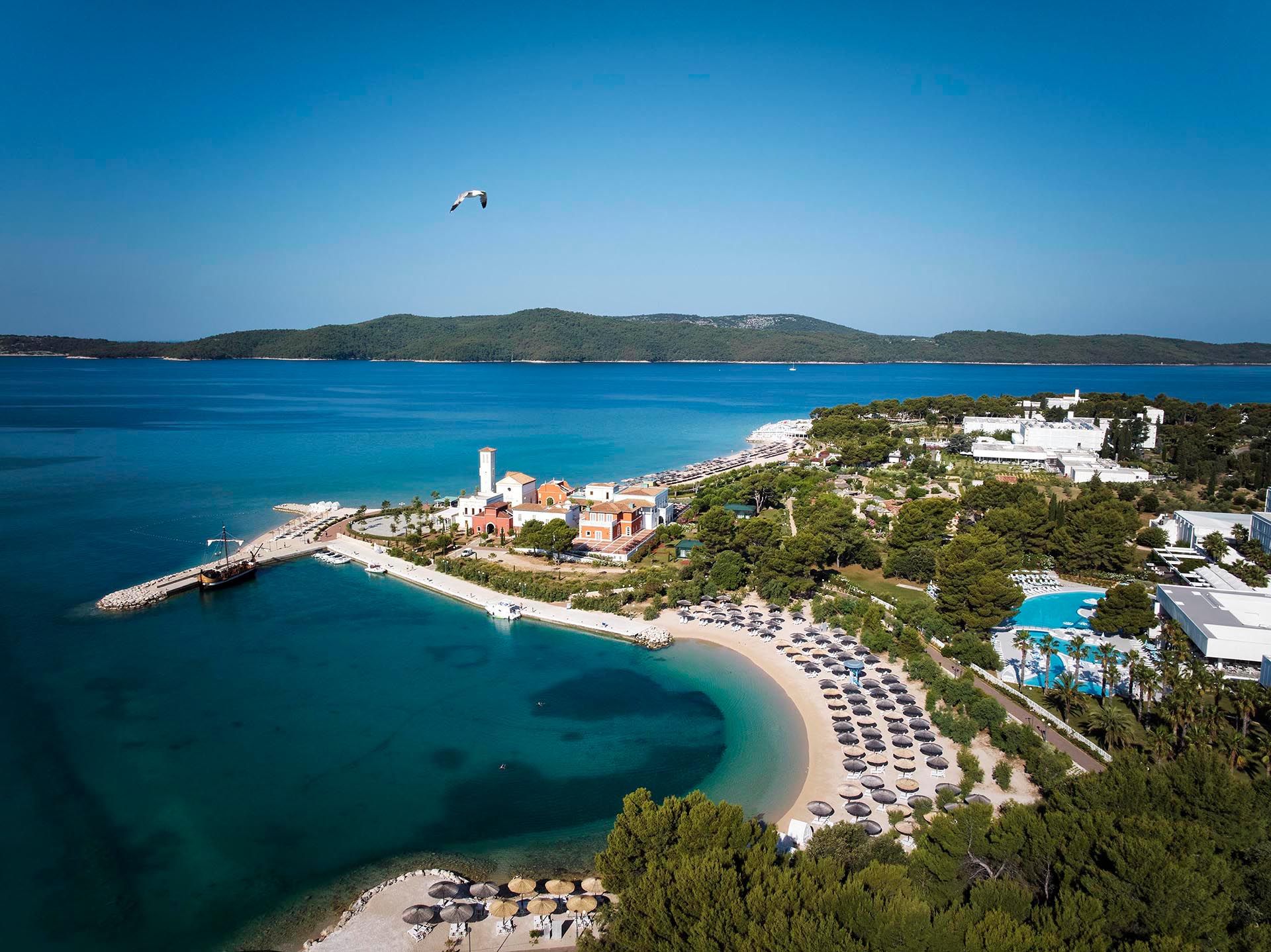 Aerial view of Amadria Park Mediterranean City beach and Solaris Bay coastline, Šibenik
