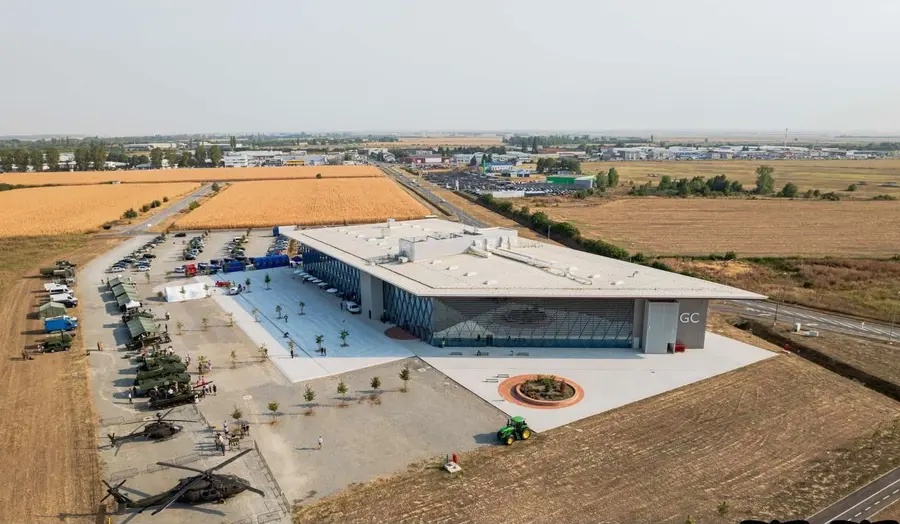 Wide aerial view of the Osijek Exhibition Centre and the surrounding fields