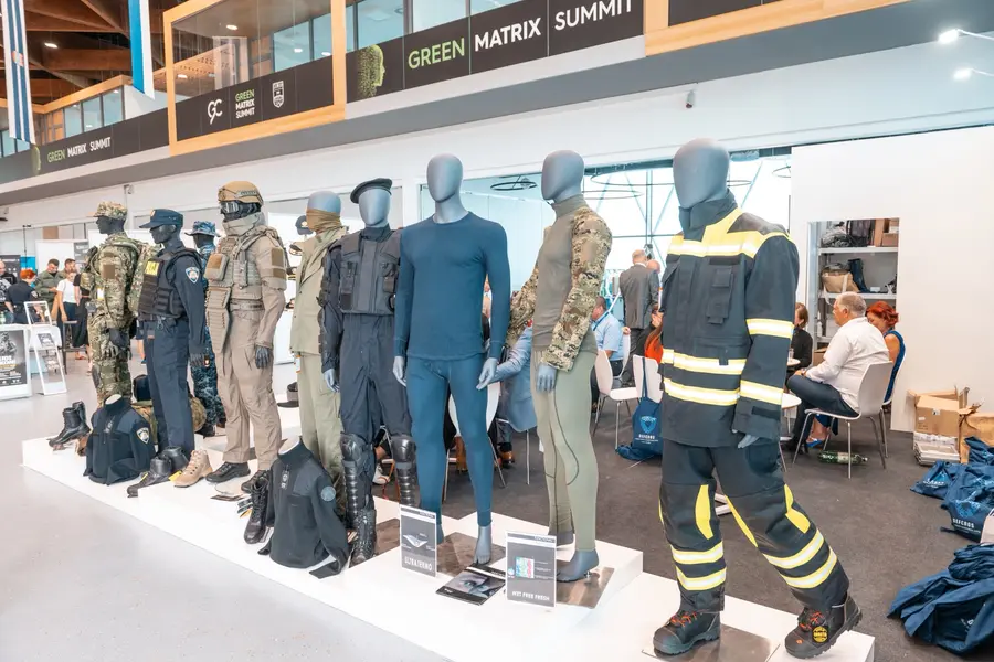 Mannequins showing uniforms and protective gear in the exhibition hall